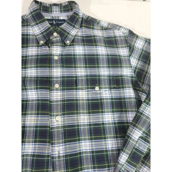 Ralph Lauren Green Blue Madras Cotton Men's Size L Plaid Button Up Shirt - Picture 4 of 5